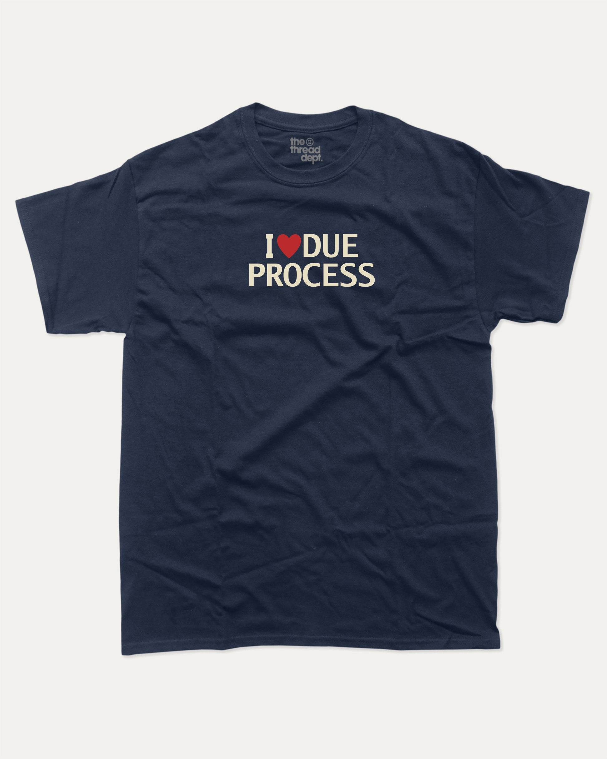 I Love Due Process graphic t-shirt, perfect for adults. A must-have funny tee, trending meme shirt, unique gift idea. True Navy.