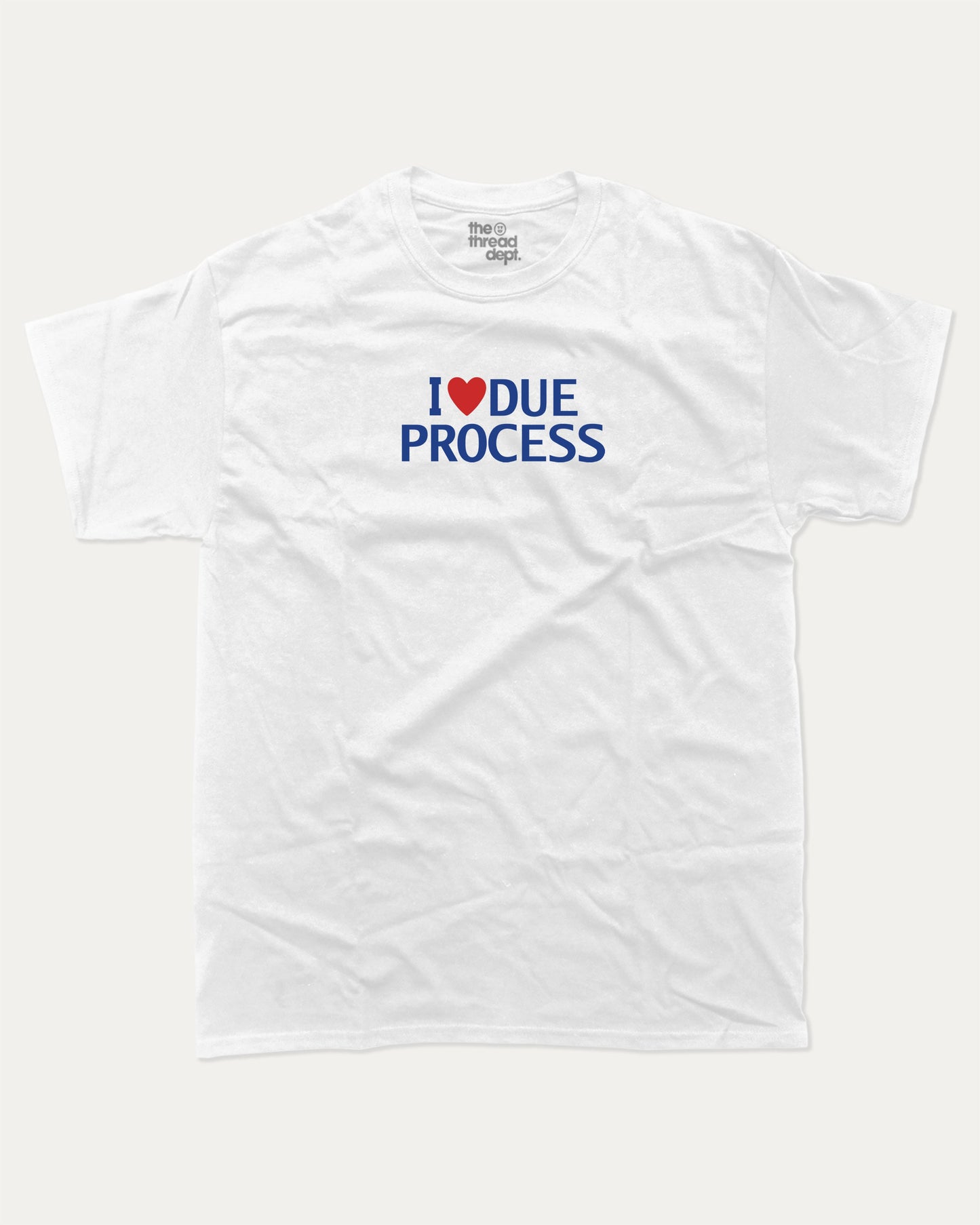 I Love Due Process graphic t-shirt, perfect for adults. A must-have funny tee, trending meme shirt, unique gift idea. White.