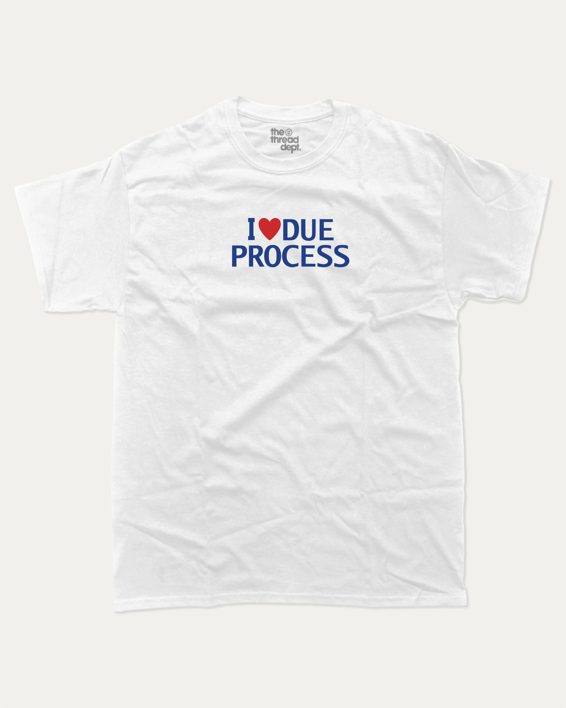 I Love Due Process graphic t-shirt, perfect for adults. A must-have funny tee, trending meme shirt, unique gift idea. White.