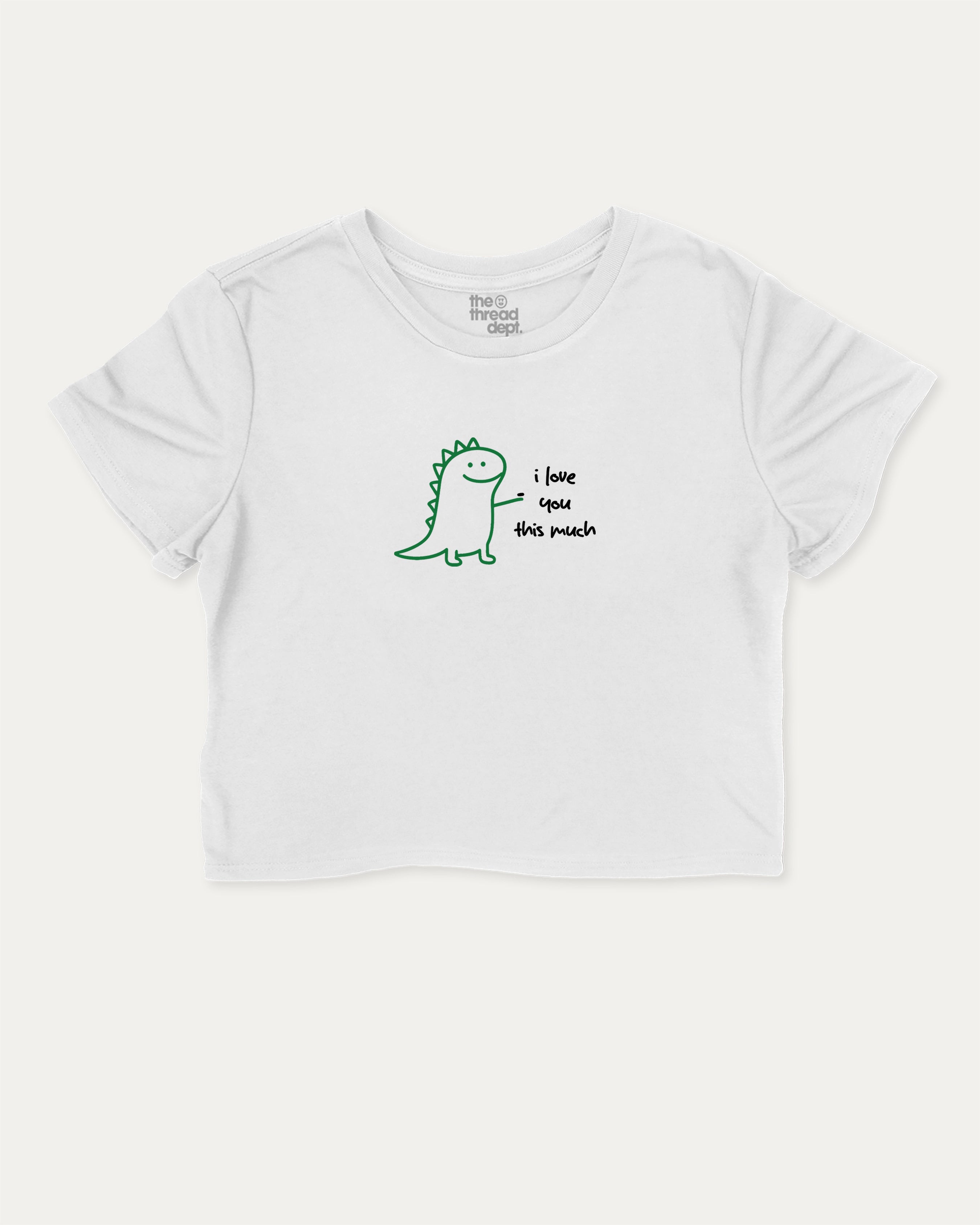 I Love You This Much graphic crop tee with funny and trendy slogan print, perfect for women_ casual looks or layering. White crop t-shirt.