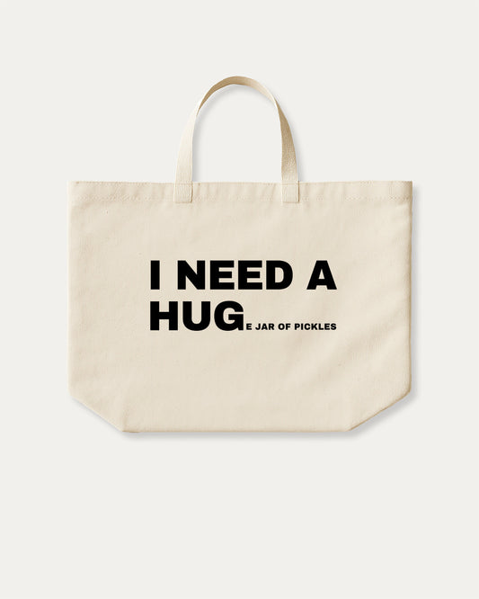 I Need A Huge Jar Of Pickles cotton canvas tote bag with humorous graphic, perfect for everyday carry. foodie tote bag, snack lover bag, funny food bag. Natural canvas bag