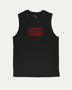 I Shaved My Balls for This men’s graphic muscle tee with retro and athletic graphic print, perfect for gym or casual wear. Funny and functional gift idea. Black muscle top.