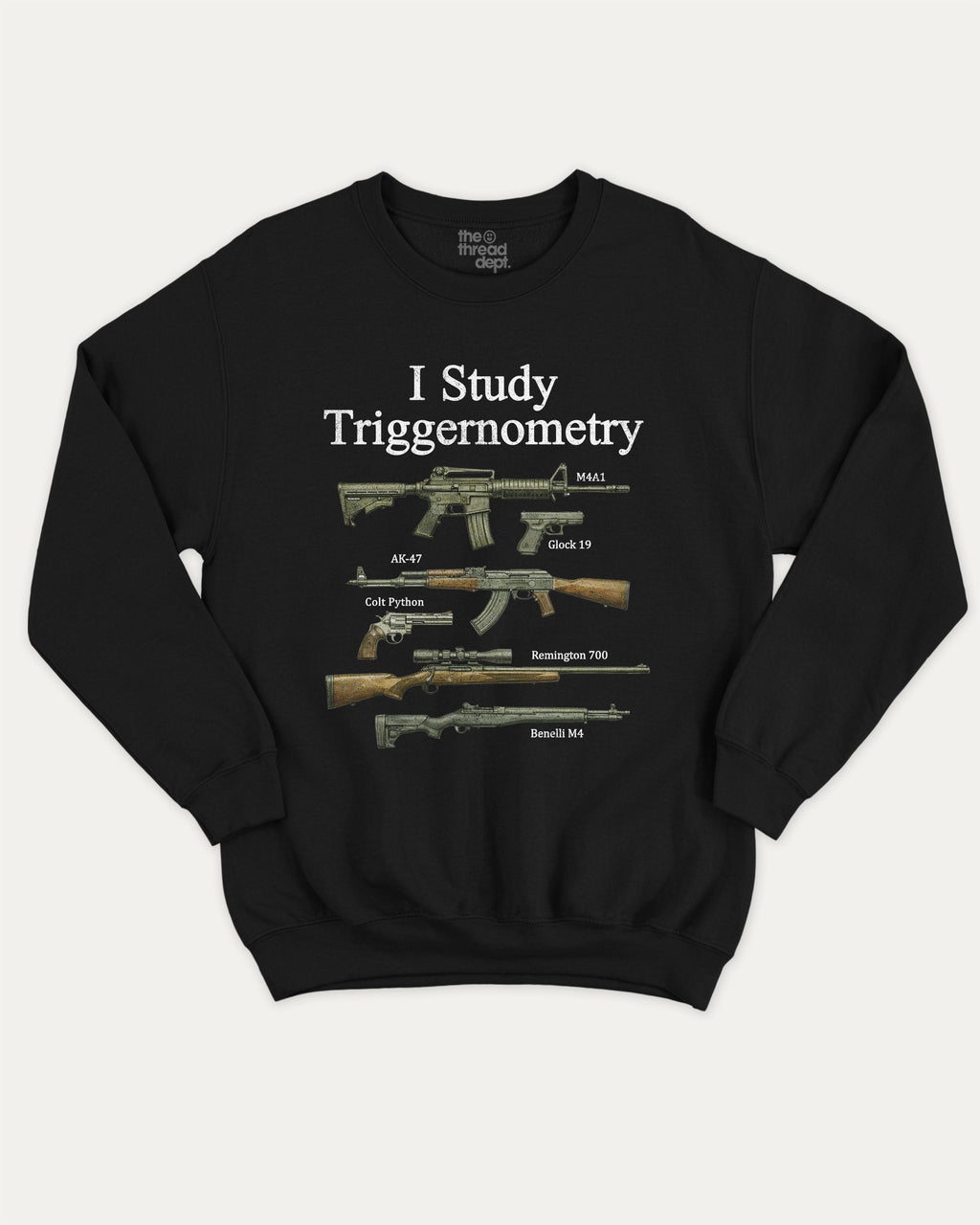 I Study Triggernometry graphic sweatshirt with bold and humorous print, Funny meme graphic tee, warm and cozy graphic for everyday wear. Perfect for adults and gift-giving. Black pullover.