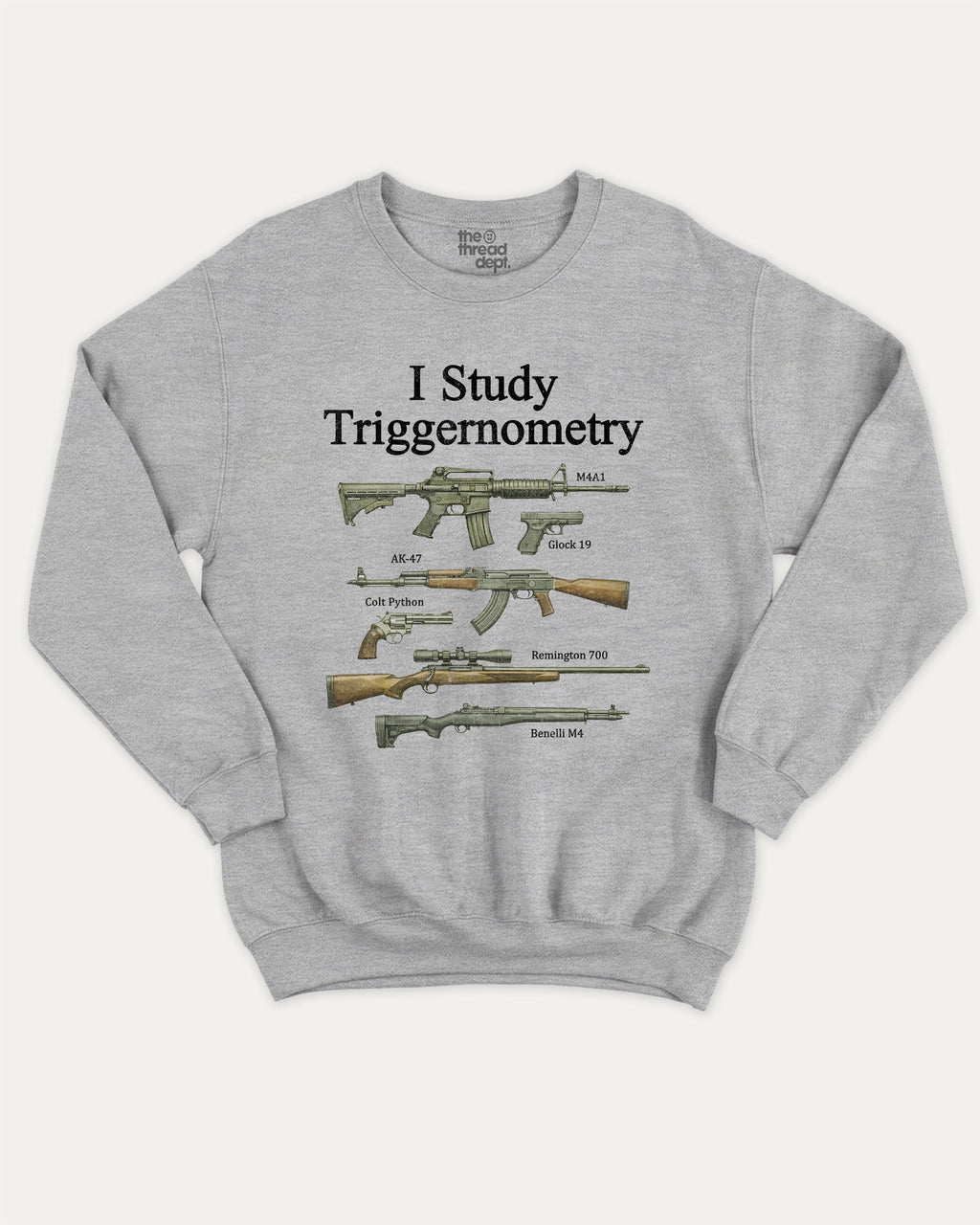 I Study Triggernometry graphic sweatshirt with bold and humorous print, Funny meme graphic tee, warm and cozy graphic for everyday wear. Perfect for adults and gift-giving. Heather Grey pullover.