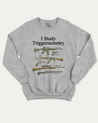 I Study Triggernometry graphic sweatshirt with bold and humorous print, Funny meme graphic tee, warm and cozy graphic for everyday wear. Perfect for adults and gift-giving. Heather Grey pullover.