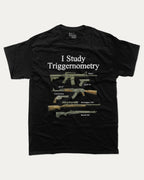 I Study Triggernometry graphic tee with bold and humorous print, Funny meme graphic tee, funny and trendy graphic. Perfect for adults and gift-giving. Black shirt.