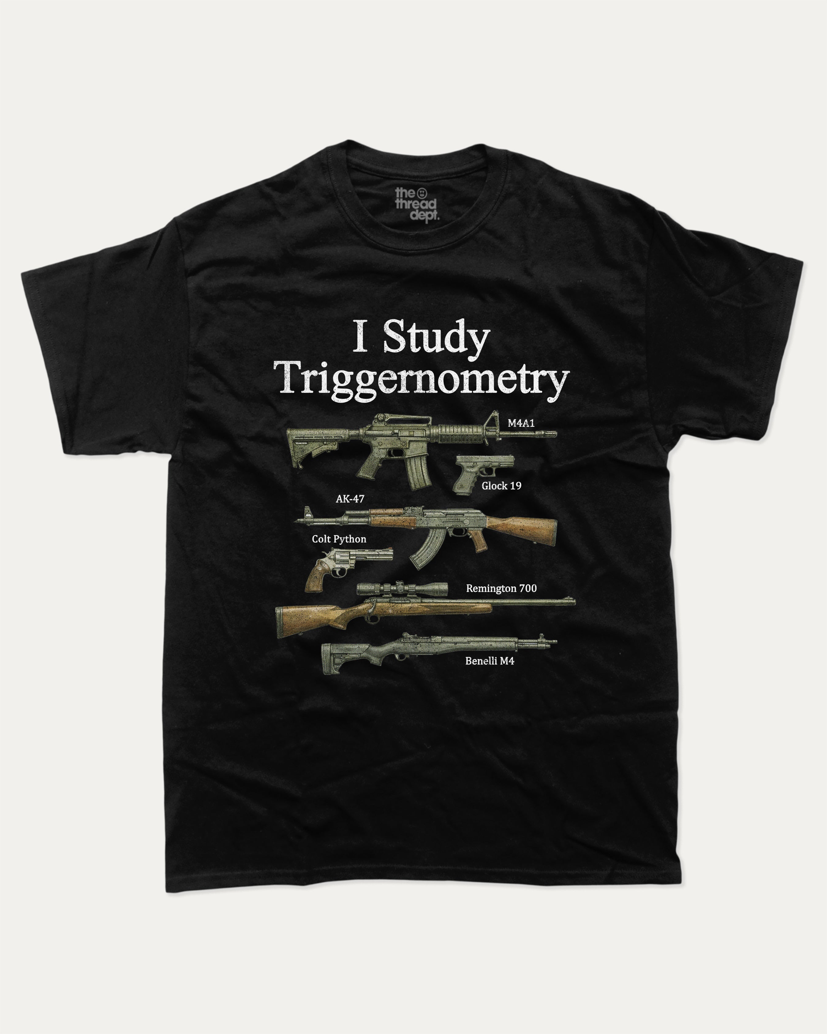 I Study Triggernometry graphic tee with bold and humorous print, Funny meme graphic tee, funny and trendy graphic. Perfect for adults and gift-giving. Black shirt.