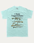 I Study Triggernometry graphic tee with bold and humorous print, Funny meme graphic tee, funny and trendy graphic. Perfect for adults and gift-giving. Celadon shirt.
