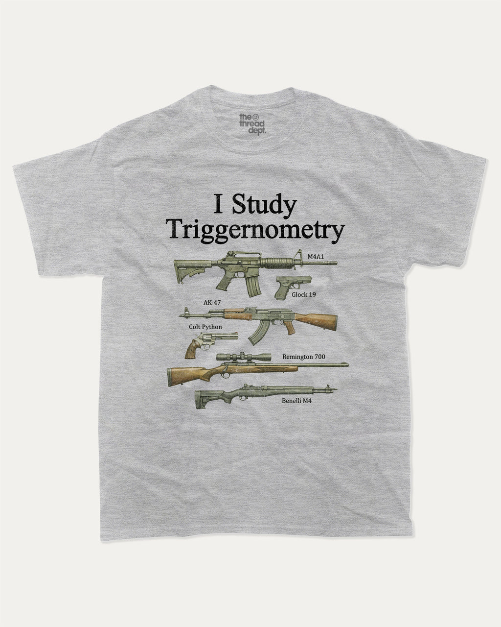 I Study Triggernometry graphic tee with bold and humorous print, Funny meme graphic tee, funny and trendy graphic. Perfect for adults and gift-giving. Heather Grey shirt.