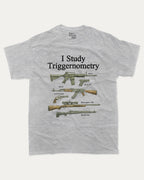 I Study Triggernometry graphic tee with bold and humorous print, Funny meme graphic tee, funny and trendy graphic. Perfect for adults and gift-giving. Heather Grey shirt.