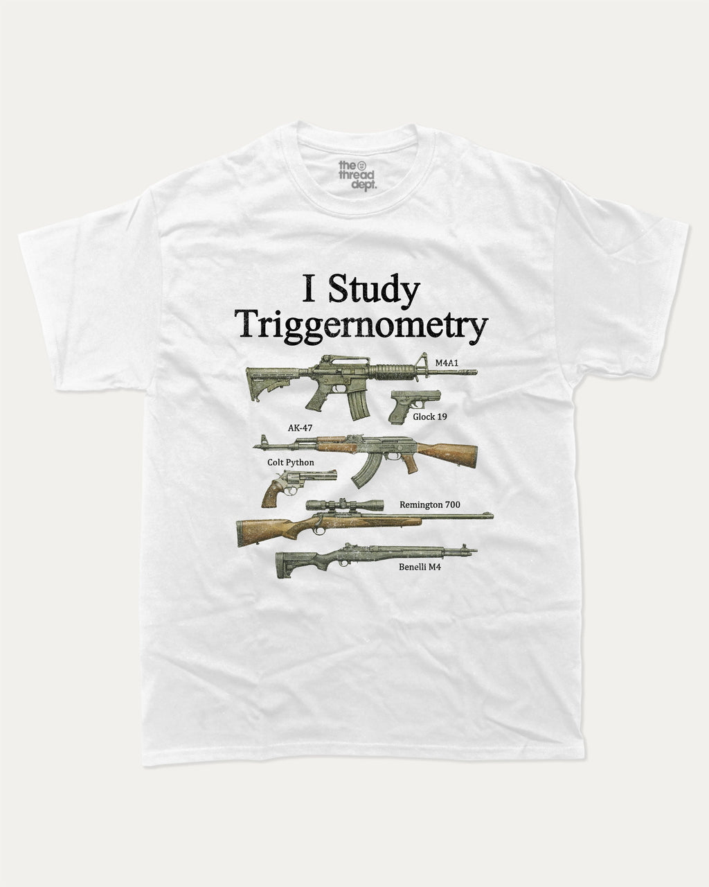 I Study Triggernometry graphic tee with bold and humorous print, Funny meme graphic tee, funny and trendy graphic. Perfect for adults and gift-giving. White shirt.