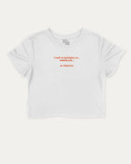 I suck at apologies graphic crop tee with funny and trendy slogan print, perfect for women_ casual looks or layering. White crop t-shirt.