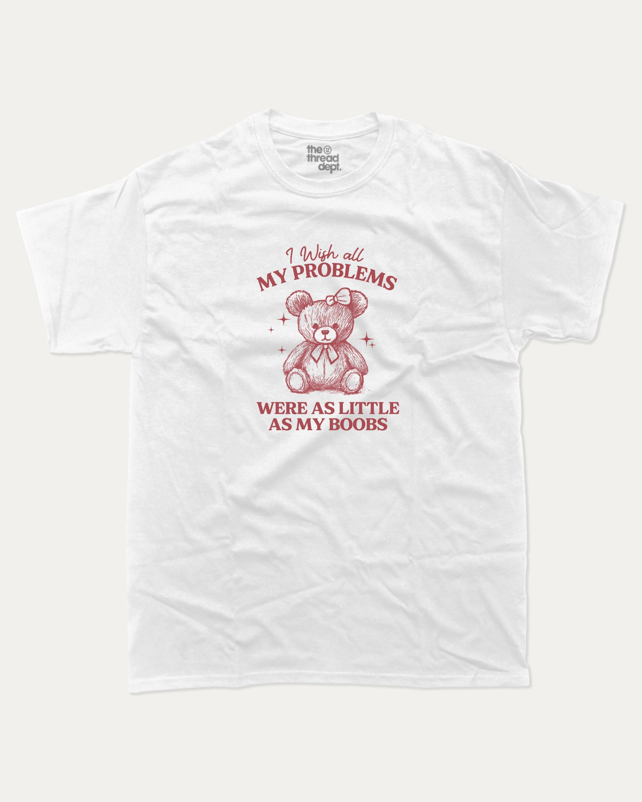 I Wish All My Problems Were As Little As My Boobs graphic t-shirt, perfect for adults. Funny teddy bear tee, trending meme shirt, unique gift idea. White.