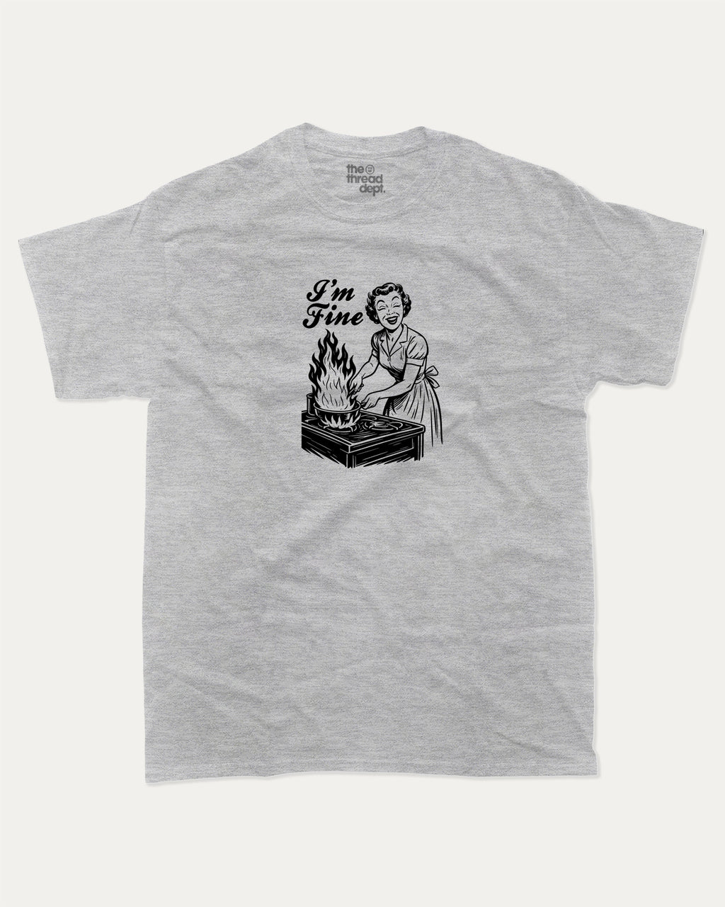 I'm Fine graphic tee with bold and humorous print, funny and trendy graphic. Perfect for adults and gift-giving. Heather Grey shirt.