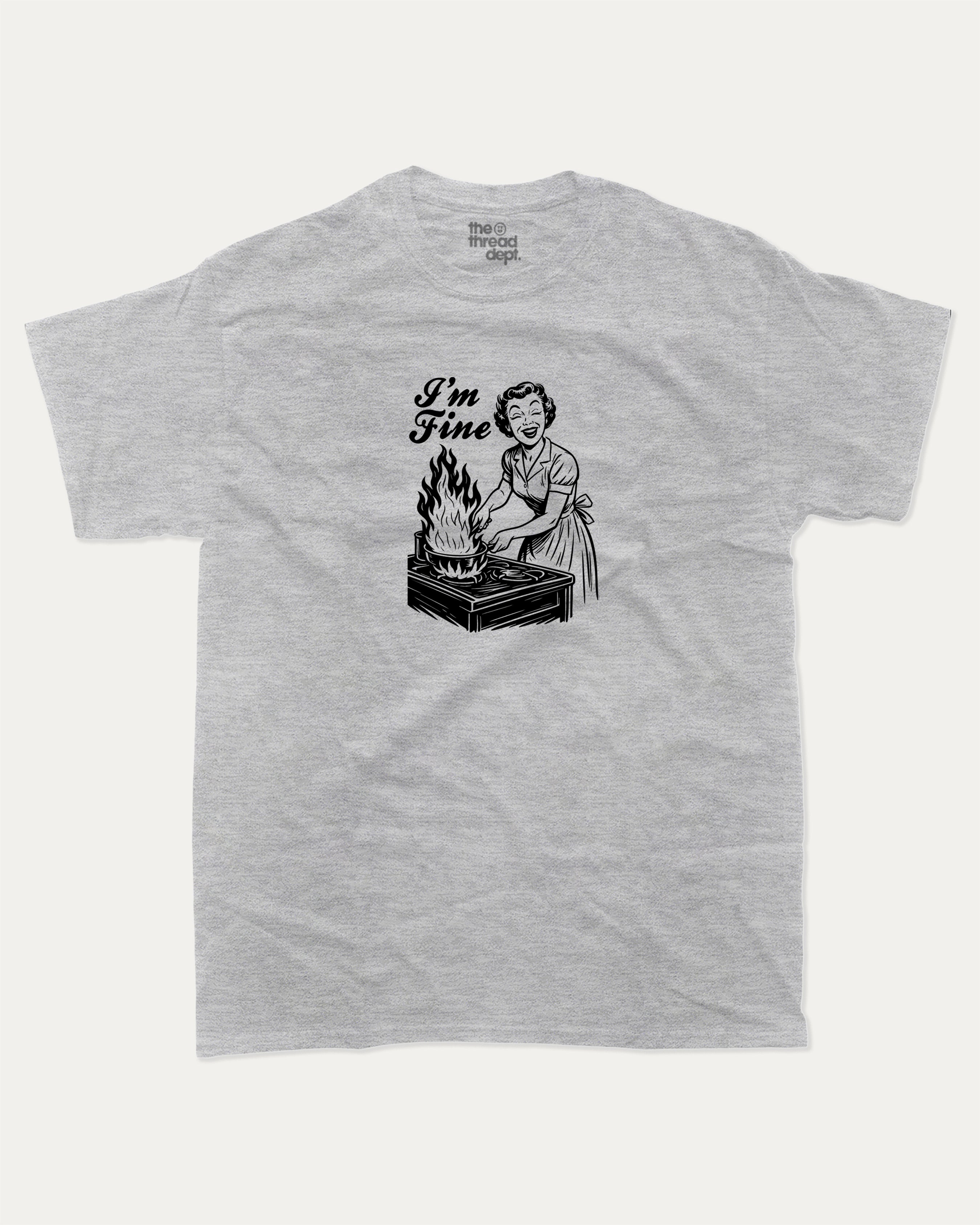 I'm Fine graphic tee with bold and humorous print, funny and trendy graphic. Perfect for adults and gift-giving. Heather Grey shirt.