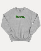 I'm stoned not stupid graphic sweatshirt with bold and humorous print, Weed Graphic T shirt, Cannabis Graphic T shirt, Marijuana Graphic T shirt, warm and cozy graphic for everyday wear. Perfect for adults and gift-giving. Heather Grey pullover.