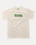 I'm stoned not stupid graphic tee with bold and humorous print, Weed Graphic T shirt, Cannabis Graphic T shirt, Marijuana Graphic T shirt, funny and trendy graphic. Perfect for adults and gift-giving. Cream shirt.