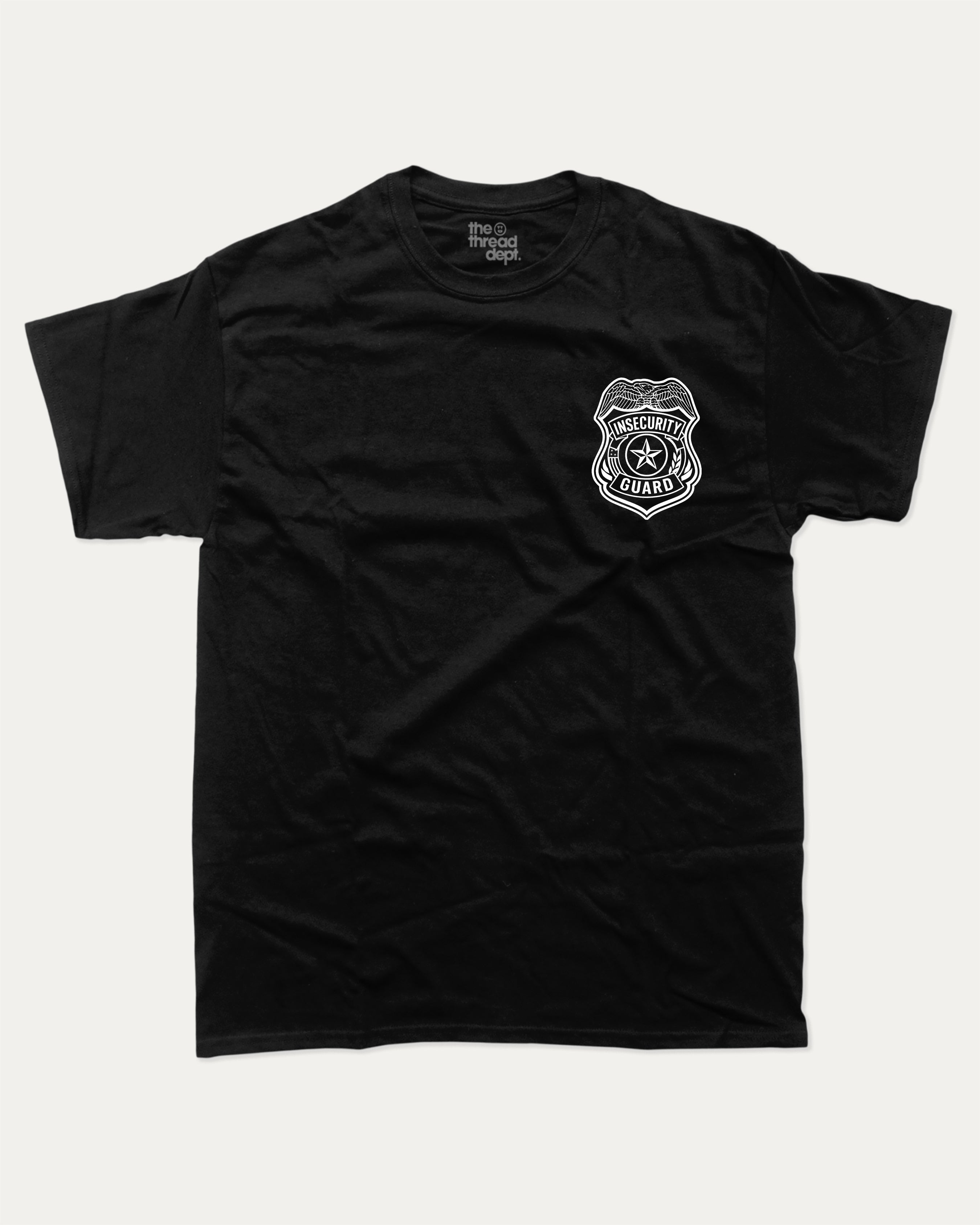 Insecurity Guard graphic tee with bold and humorous print, funny security graphic. Perfect for adults and gift-giving. Black shirt.