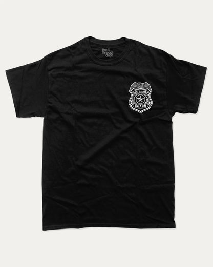 Insecurity Guard graphic tee with bold and humorous print, funny security graphic. Perfect for adults and gift-giving. Black shirt.