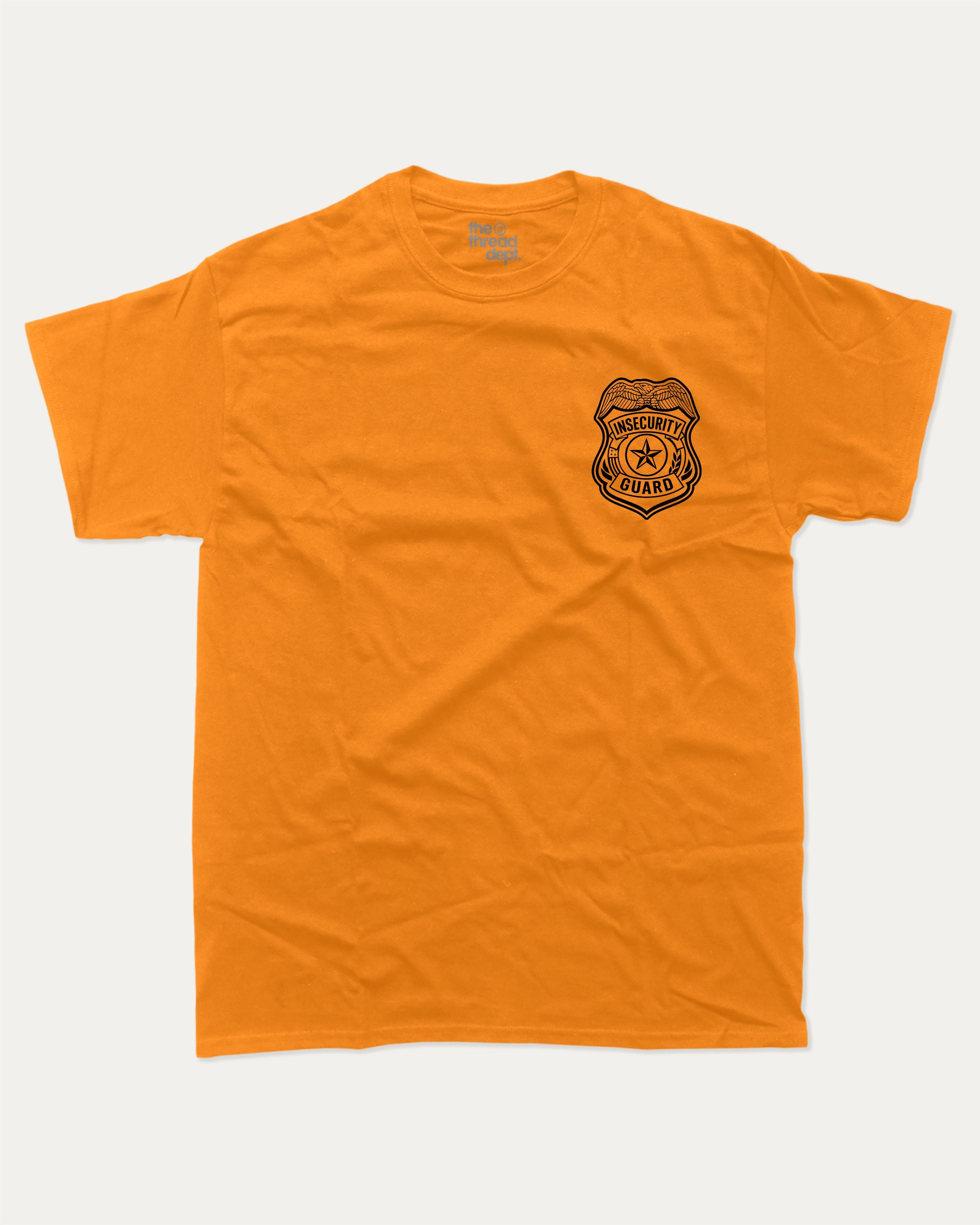 Insecurity Guard graphic tee with bold and humorous print, funny security graphic. Perfect for adults and gift-giving. Orange shirt.