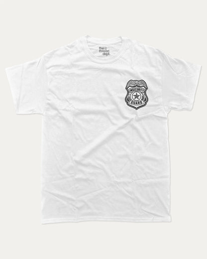 Insecurity Guard graphic tee with bold and humorous print, funny security graphic. Perfect for adults and gift-giving. White shirt.