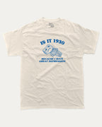 Is it 1930 graphic tee with bold and humorous print, funny and trendy graphic. Perfect for adults and gift-giving. Cream shirt.