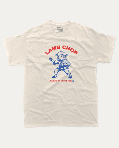 Lamb Chop graphic t-shirt, perfect for adults. Cute Animal Tee shirt, Humorous Graphic T shirt, Vintage Graphic Tee trending meme shirt, unique gift idea. Cream.
