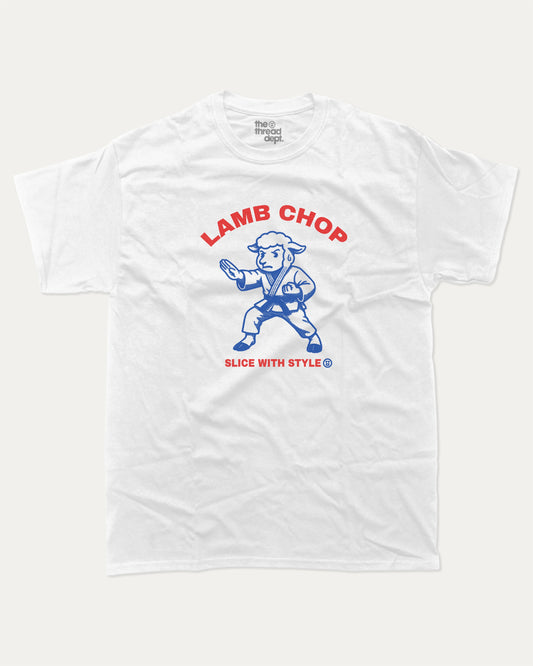 Lamb Chop graphic t-shirt, perfect for adults. Cute Animal Tee shirt, Humorous Graphic T shirt, Vintage Graphic Tee trending meme shirt, unique gift idea. White.