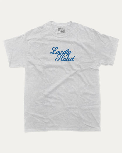 Locally Hated graphic tee with bold and humorous print, funny and trendy graphic. Perfect for adults and gift-giving. Ash Grey shirt.