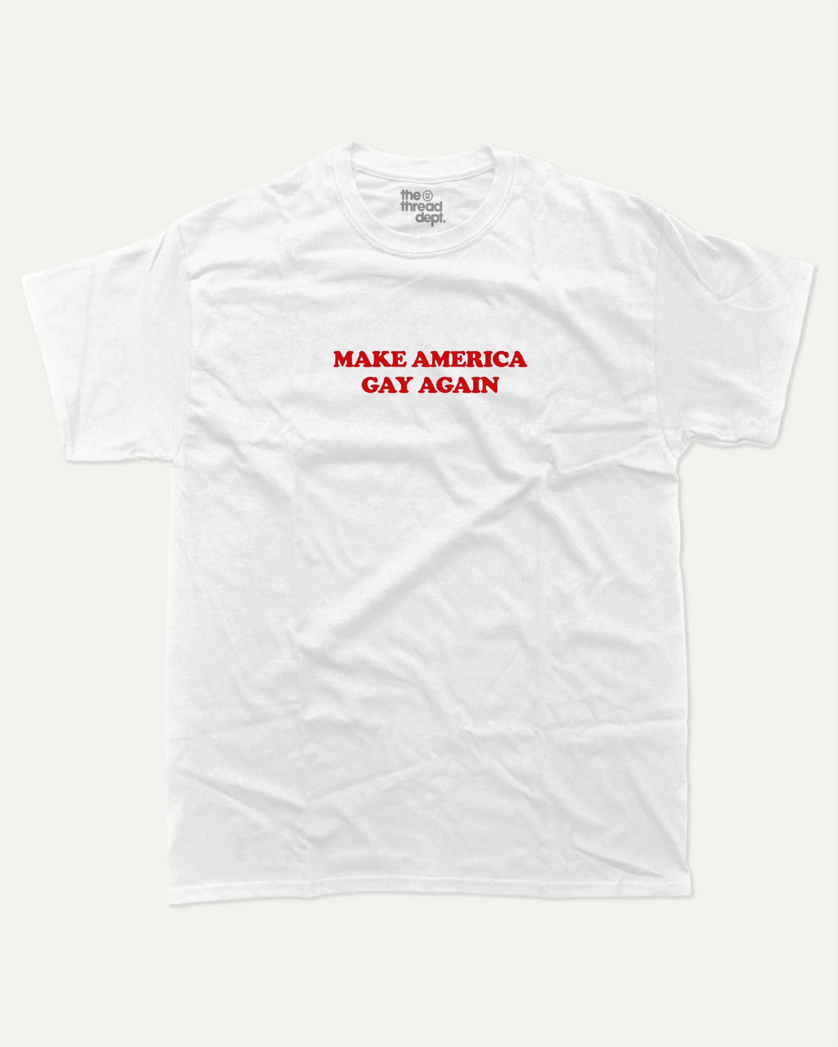 MAGA graphic tee with bold and humorous print, funny and trendy graphic. Perfect for adults and gift-giving. White shirt.