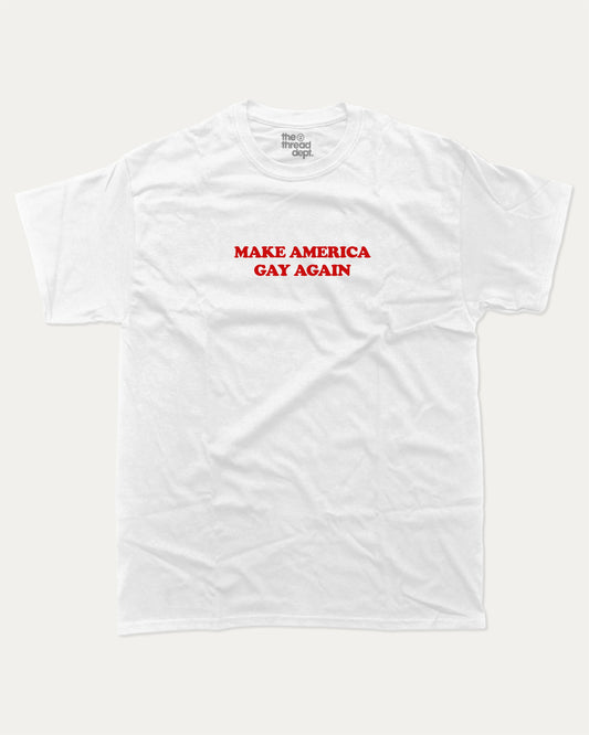 MAGA graphic tee with bold and humorous print, funny and trendy graphic. Perfect for adults and gift-giving. White shirt.