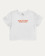 Make my meds work again graphic crop tee with funny and trendy slogan print, Pun Graphic T shirt, Pun words tee, Funny Pun Graphic tees, perfect for women’s casual looks or layering. White crop t-shirt.