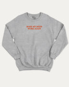 Make my meds work again graphic sweatshirt with bold and humorous print, Pun Graphic T shirt, Pun words tee, Funny Pun Graphic tees, warm and cozy graphic for everyday wear. Perfect for adults and gift-giving. Heather Grey pullover.