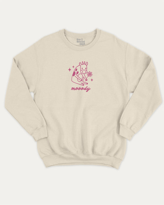 Mooody Cow pullover sweatshirt, perfect for adults. Vintage and cute graphic pullover, comfy cold-weather wear, bold casual look. Natural sweater