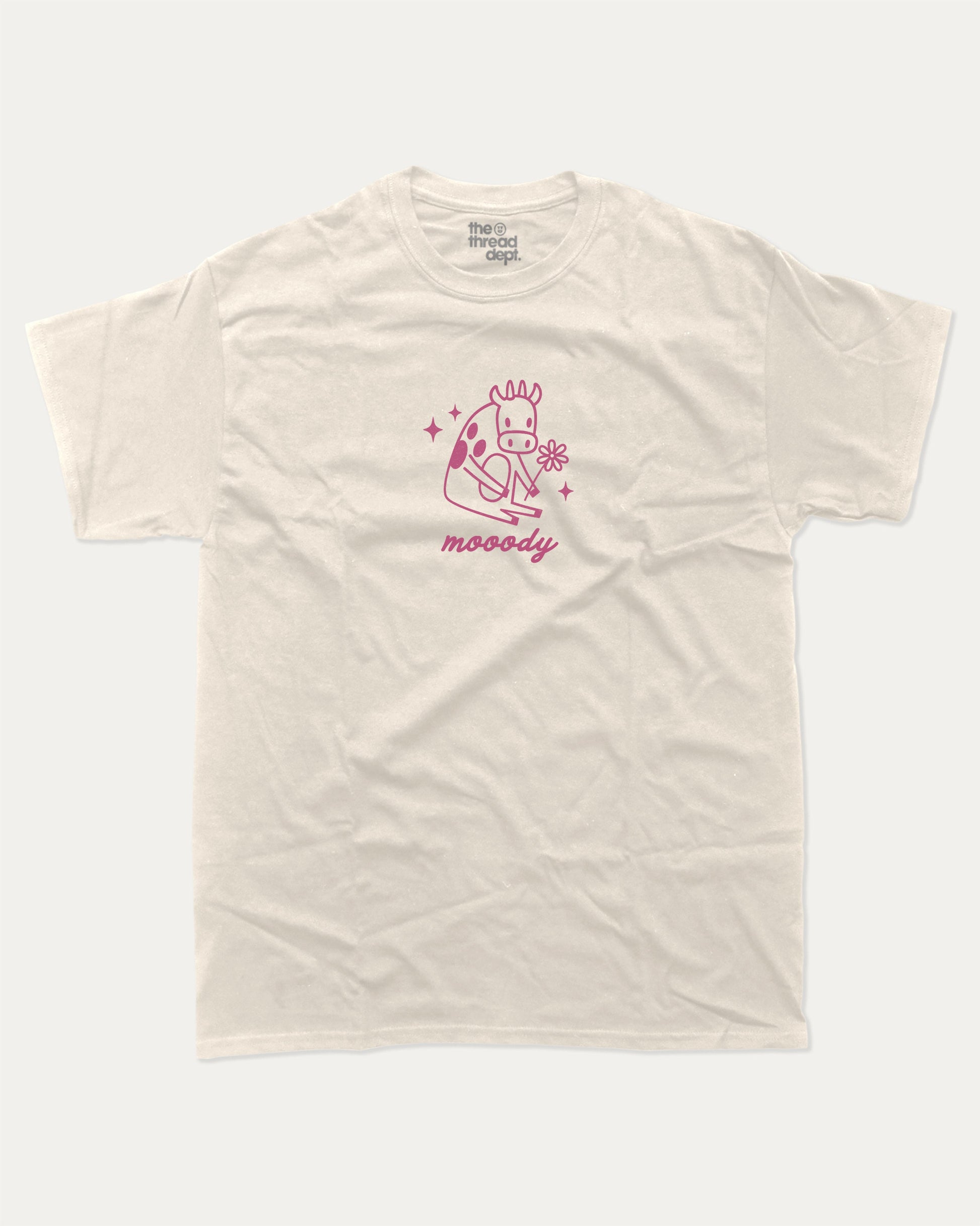 Mooody Cow graphic t-shirt, perfect for adults. Vintage and cute graphic tee, trending meme shirt, unique gift idea. Cream.