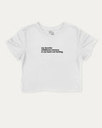 My Favorite Childhood Memory Is My Back Not Hurting graphic crop tee with funny and trendy slogan print, perfect for women_ casual looks or layering. White crop t-shirt.