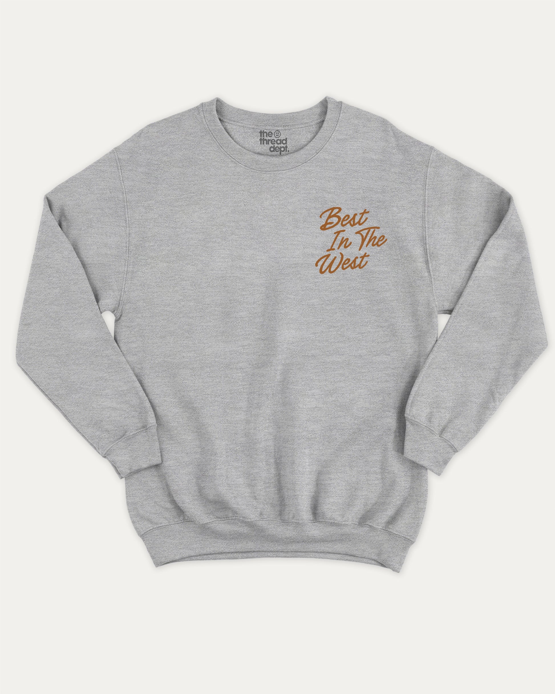 Outlaws Best In The West pullover sweatshirt, perfect for adults. Western bold graphic pullover, comfy cold-weather wear, bold casual look. Heather Grey sweater