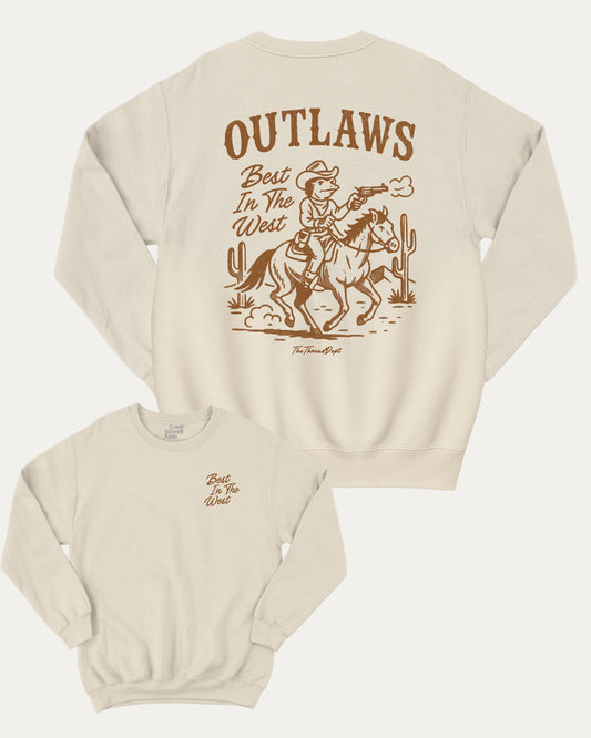 Outlaws Best In The West pullover sweatshirt, perfect for adults. Western bold graphic pullover, comfy cold-weather wear, bold casual look. Natural sweater