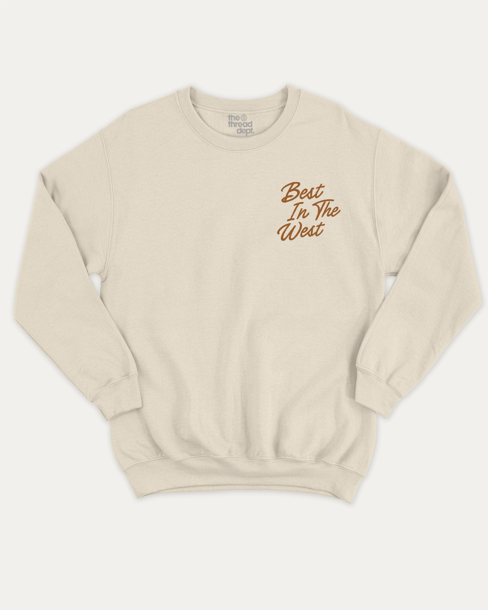 Outlaws Best In The West pullover sweatshirt, perfect for adults. Western bold graphic pullover, comfy cold-weather wear, bold casual look. Natural sweater