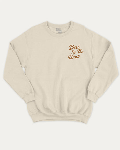 Outlaws Best In The West pullover sweatshirt, perfect for adults. Western bold graphic pullover, comfy cold-weather wear, bold casual look. Natural sweater