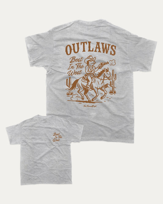 Outlaws Best In The West graphic t-shirt, perfect for adults. A must-have funny tee, trending meme shirt, unique gift idea. Heather Grey.