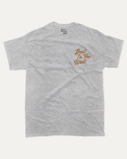 Outlaws Best In The West graphic t-shirt, perfect for adults. A must-have funny tee, trending meme shirt, unique gift idea. Heather Grey.