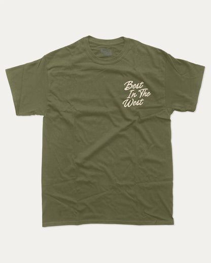Outlaws Best In The West graphic t-shirt, perfect for adults. A must-have funny tee, trending meme shirt, unique gift idea. Military Green.