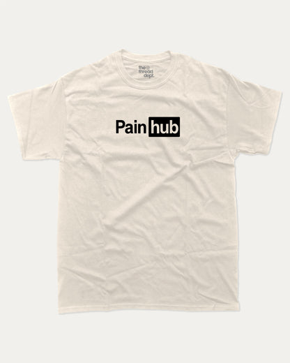 Pain Hub graphic t-shirt, Funny teenager gifts. A must-have funny tee, trending meme shirt, unique gift idea. Cream.