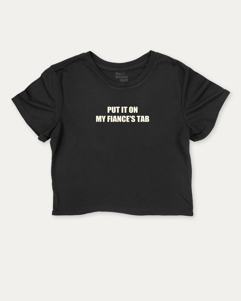Put It On My Fiance's Tab graphic crop tee with funny and trendy slogan print, perfect for women_ casual looks or layering. Halloween Gift women cropped T shirt, Halloween crop tee, Black crop t-shirt.