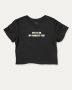 Put It On My Fiance's Tab graphic crop tee with funny and trendy slogan print, perfect for women_ casual looks or layering. Halloween Gift women cropped T shirt, Halloween crop tee, Black crop t-shirt.
