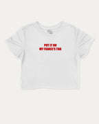 Put It On My Fiance's Tab graphic crop tee with funny and trendy slogan print, perfect for women_ casual looks or layering. Halloween Gift women cropped T shirt, Halloween crop tee, White crop t-shirt.