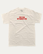 Put It On My Fiance's Tab graphic tee with bold and humorous print, funny and trendy graphic. Perfect for adults and gift-giving. Cream shirt.