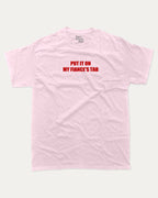 Put It On My Fiance's Tab graphic tee with bold and humorous print, funny and trendy graphic. Perfect for adults and gift-giving. Pink shirt.
