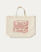 Read Banned Books cotton canvas tote bag with humorous graphic, perfect for everyday carry. A must-have aesthetic accessory, great for shopping, school, or casual days. Special gifts for friends. Natural canvas bag